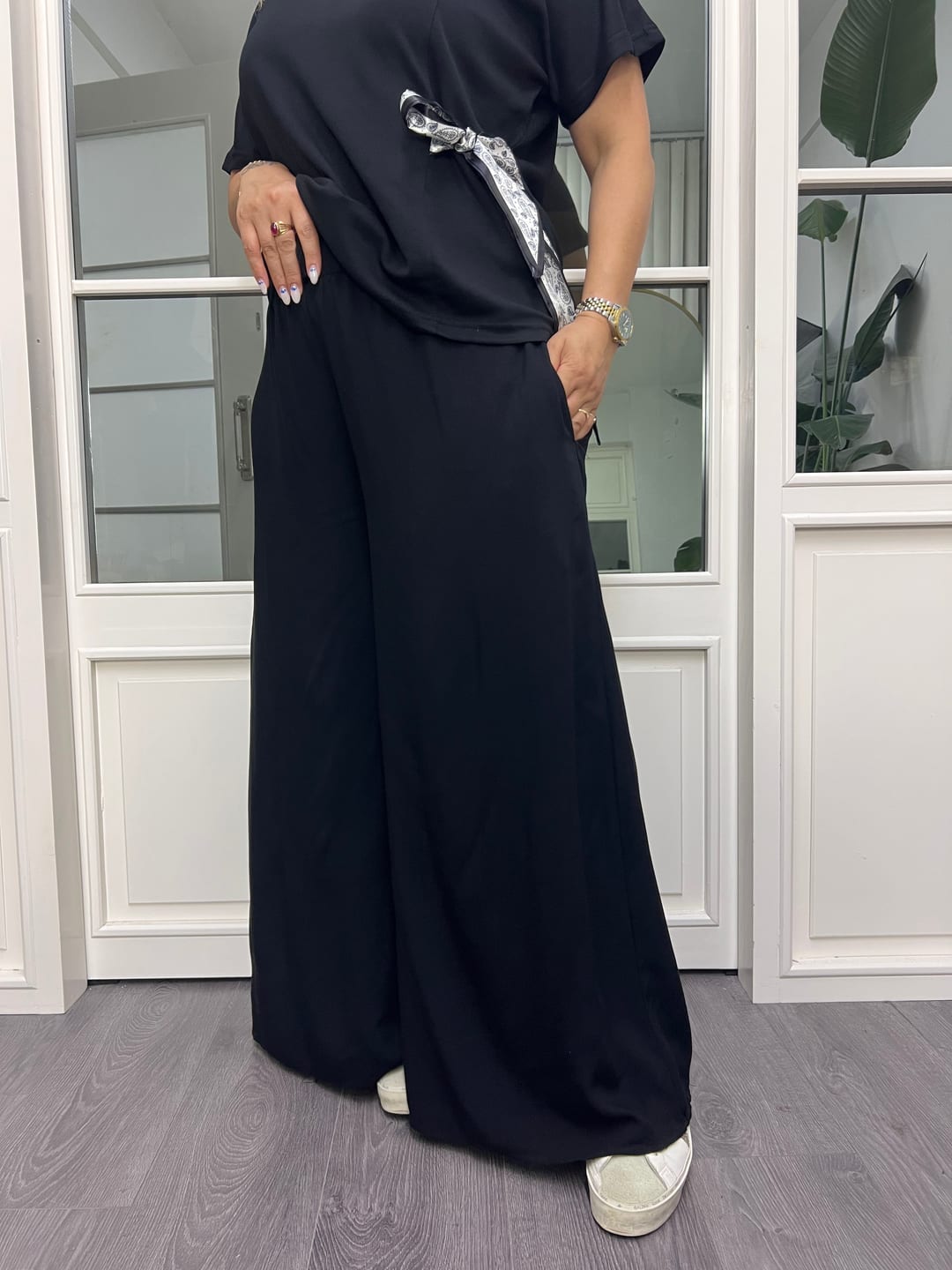 A02610 siyah beli lastikli viskon bol kesim pantolon