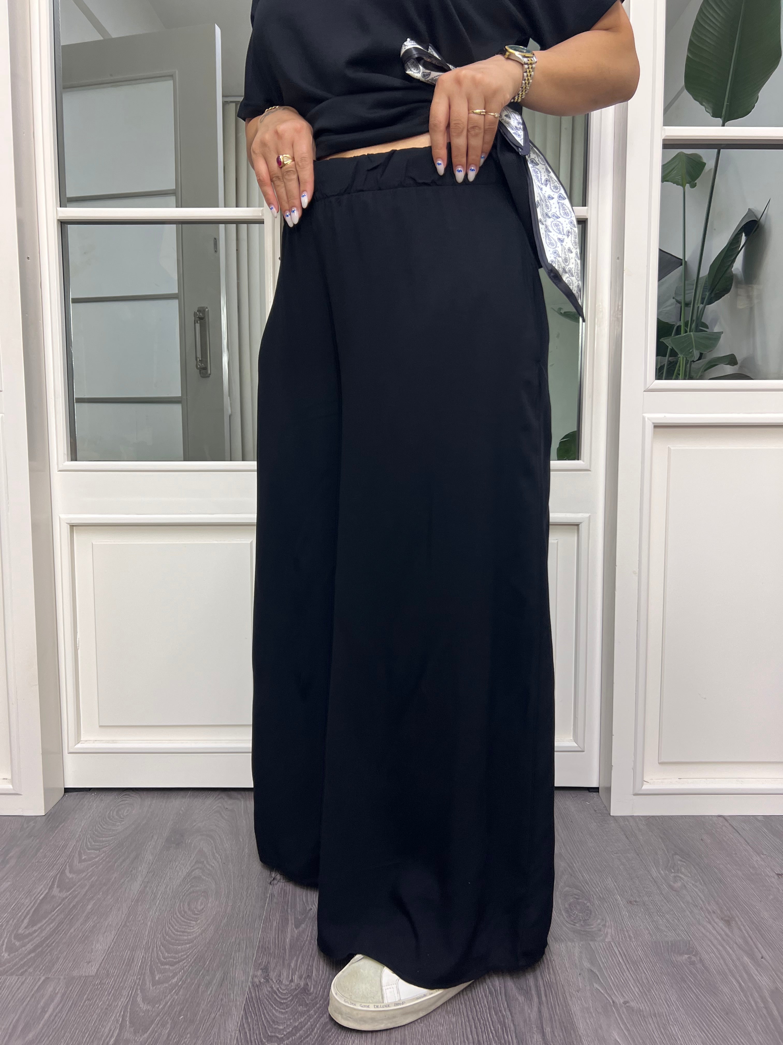 A02610 siyah beli lastikli viskon bol kesim pantolon