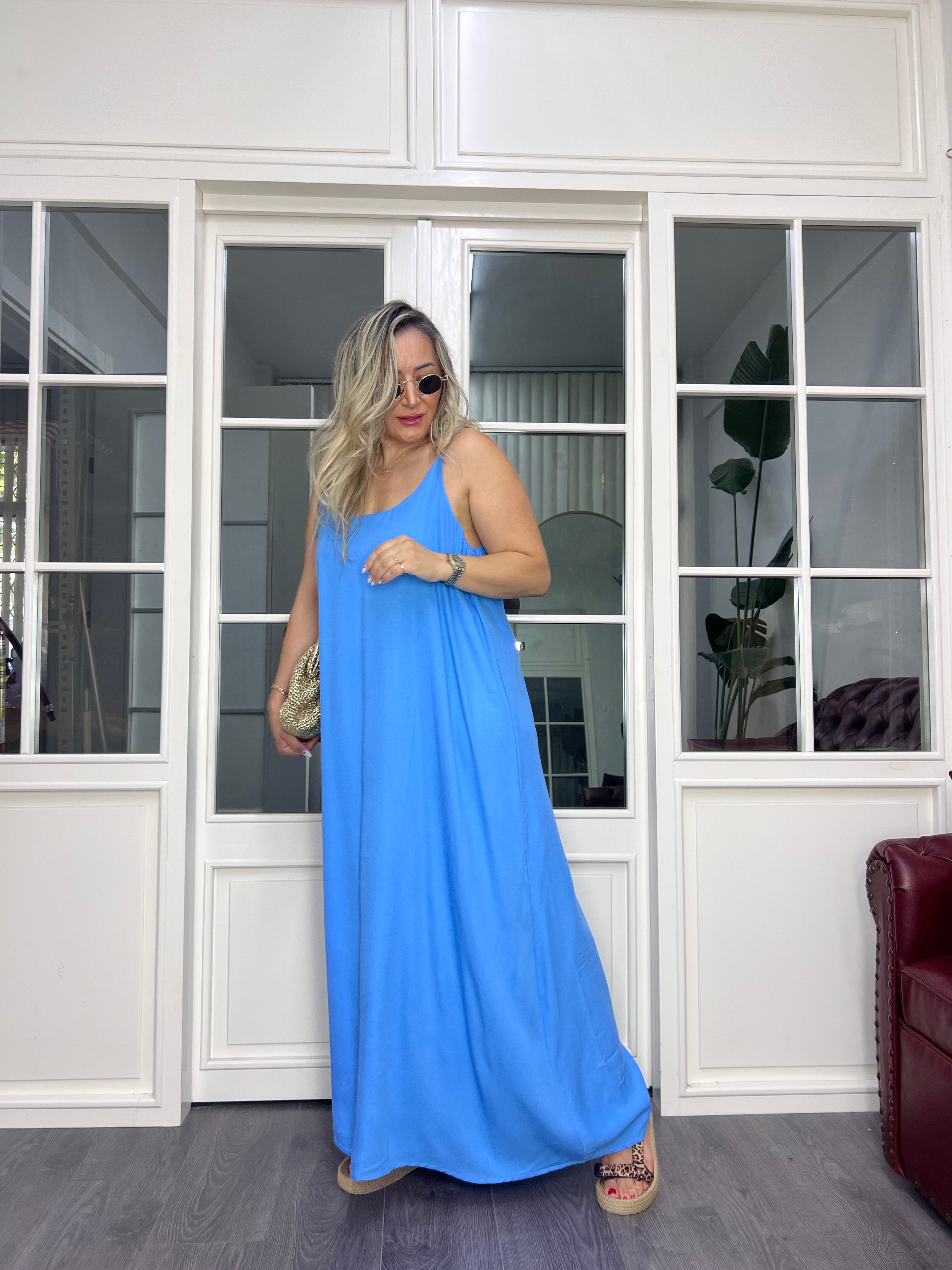 A02616 mavi ayarlı askılı keten maxi bol elbise
