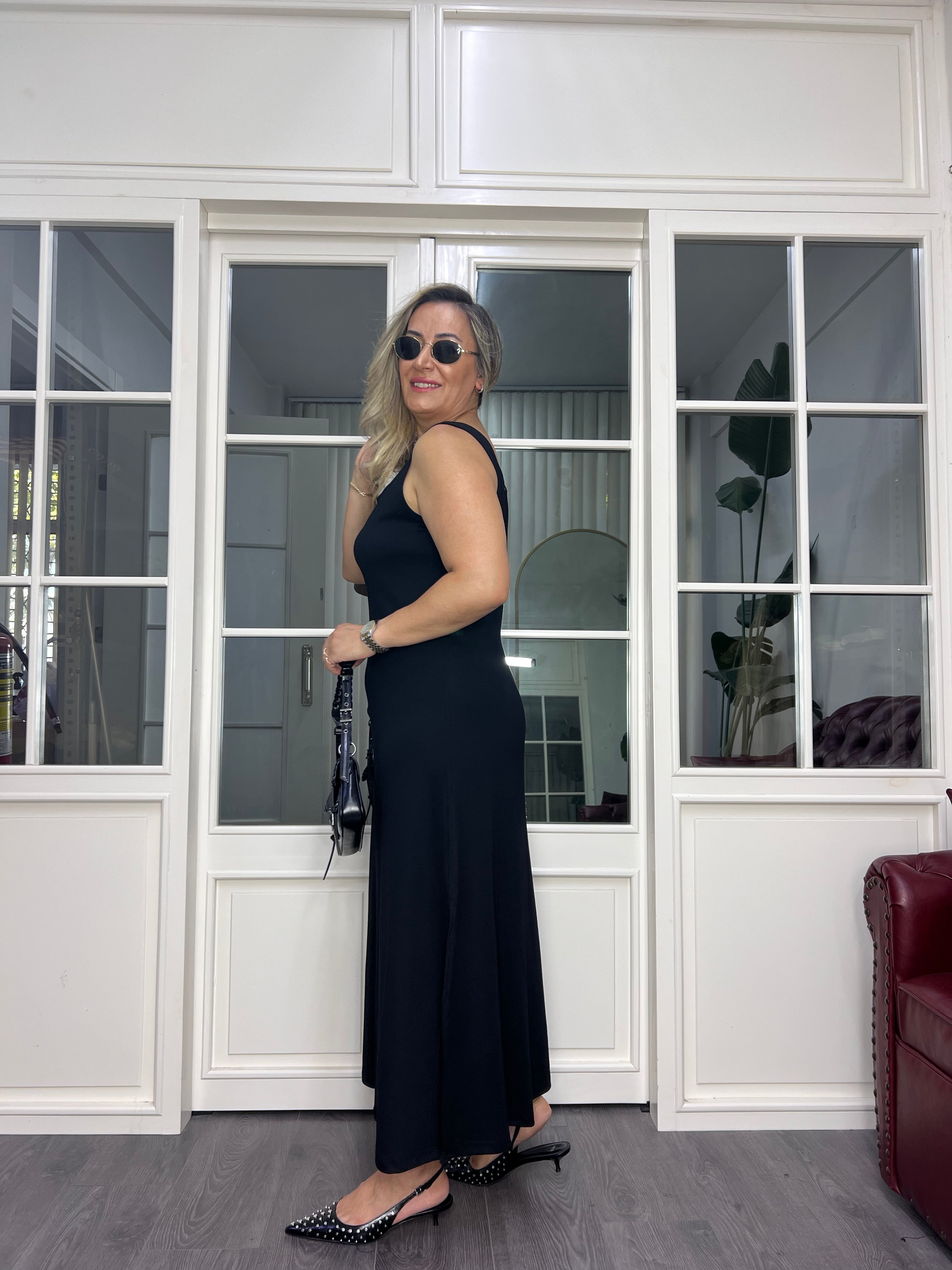 A02617 askılı modal kumaş yanları yırtmaçlı elbise