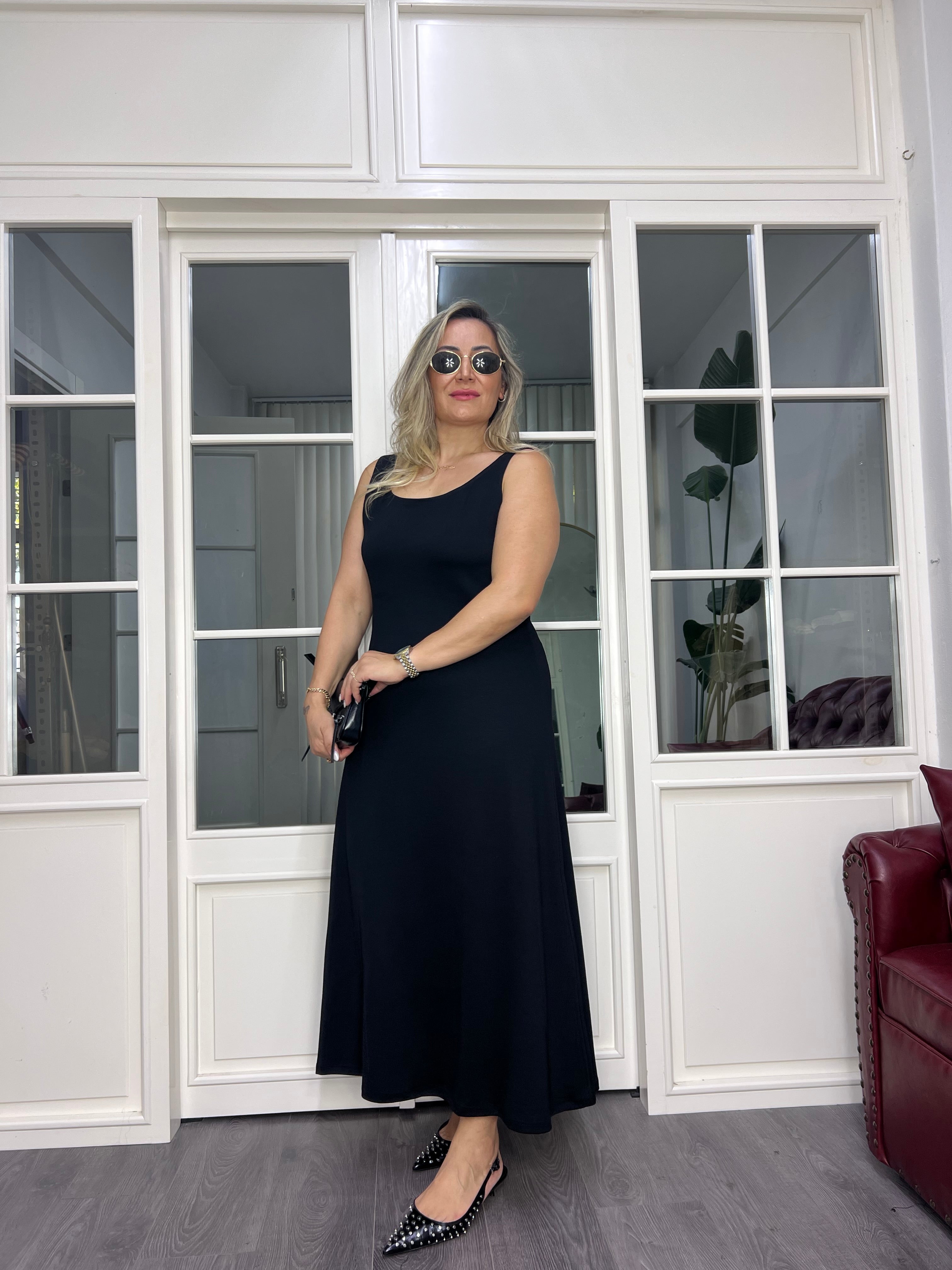 A02617 askılı modal kumaş yanları yırtmaçlı elbise