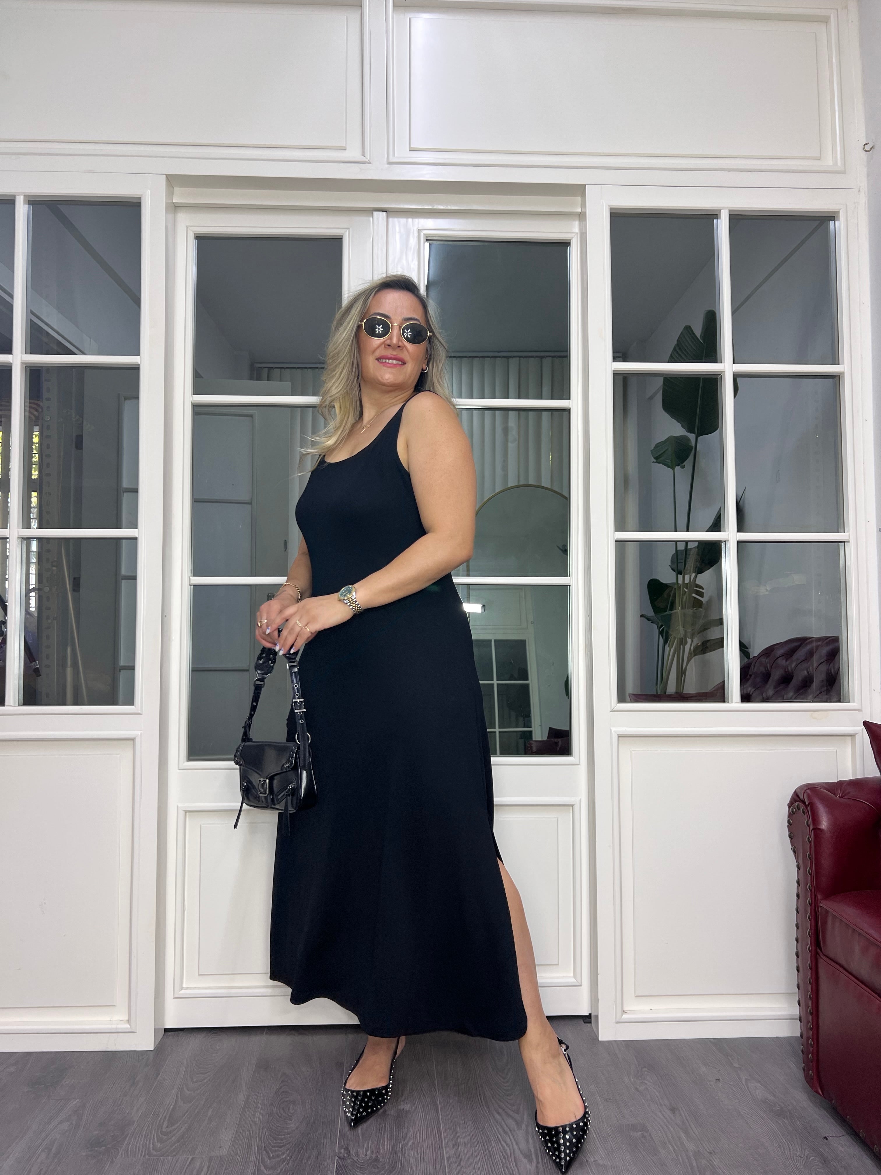 A02617 askılı modal kumaş yanları yırtmaçlı elbise