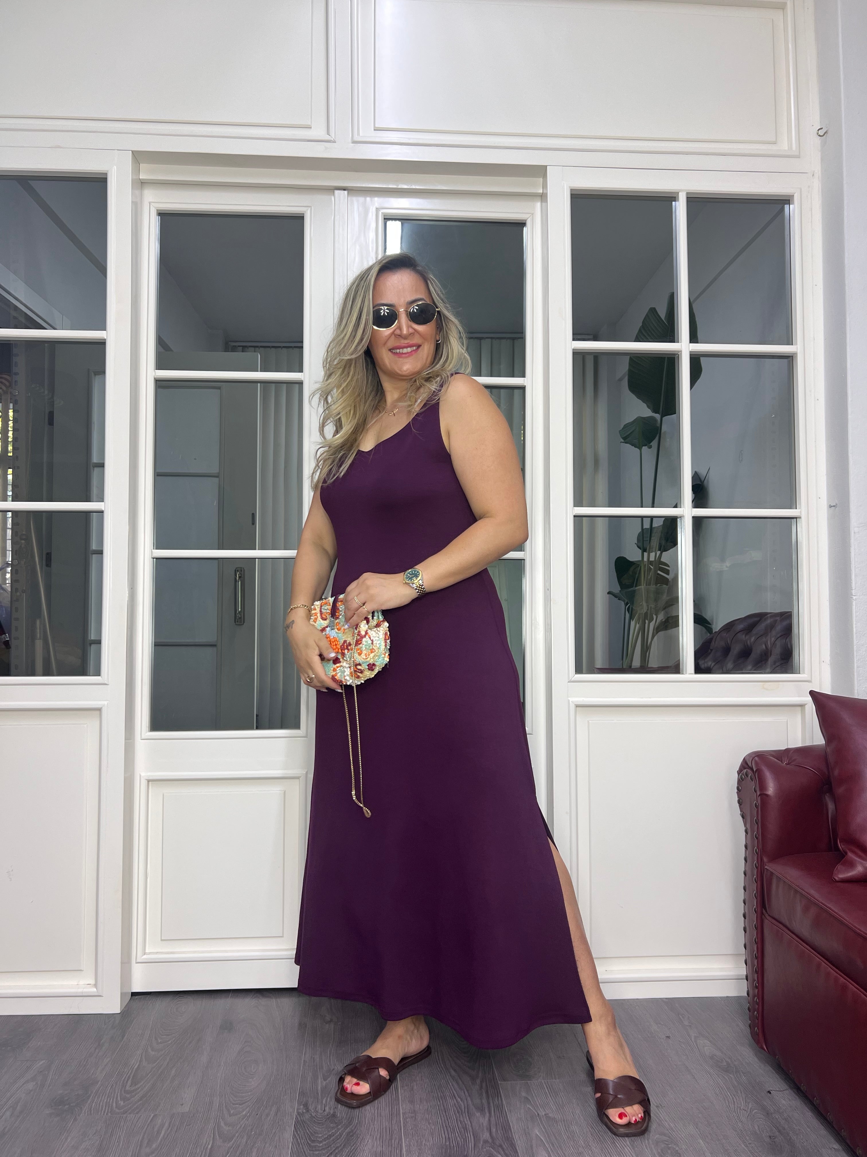 A02618 bordo askılı likralı yırtmaçlı elbise