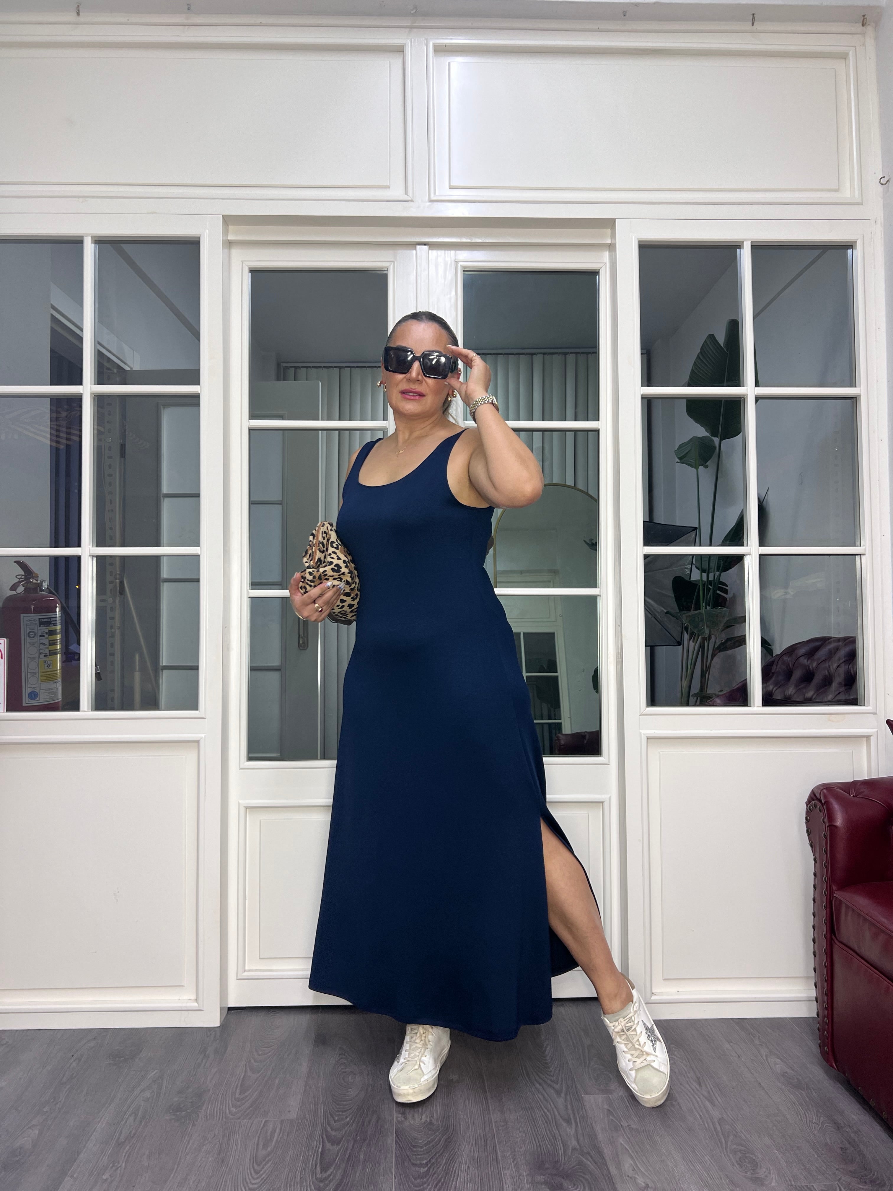 A02625 lacivert askılı modal kumaş esnek elbise